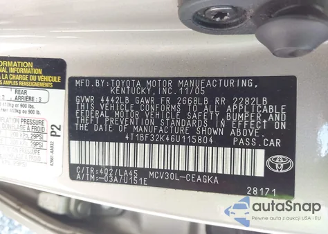 2006 Toyota Camry Xle V6 from USA, damaged, VIN 4T1BF32K46U115804